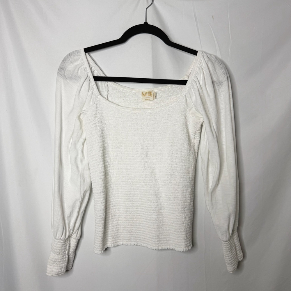 Nation LTD White Smocked Long Sleeve Tee M